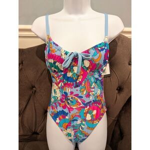 KATE SPADE Cinch Tie Front Soft Underwire Cups Swimsuit SPRING WATER/BLUE S $144